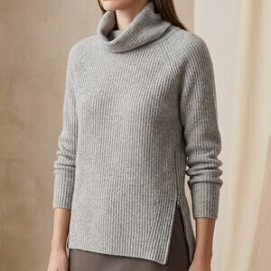 Vince Women's Grey Wool Cashmere Ribbed Turtleneck Side Zip Sweater Size S